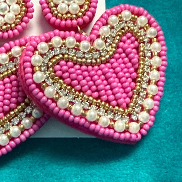 Pink Pearl Rhinestone Beaded Heart Earrings NEW - Picture 3 of 5